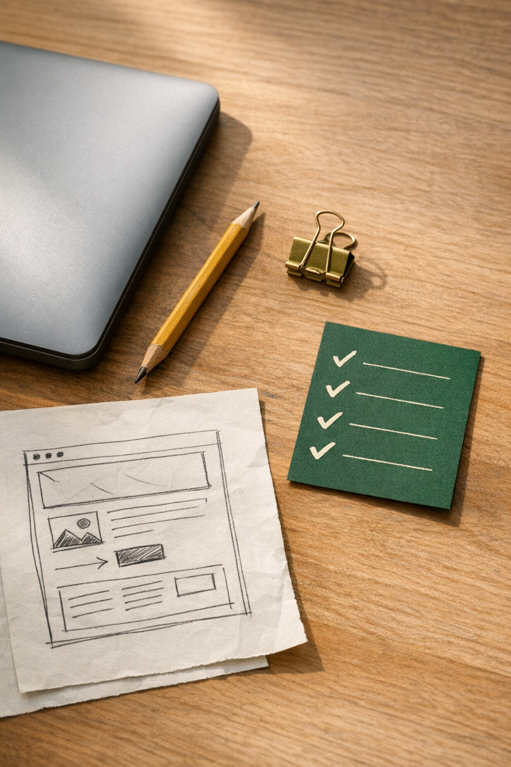 A simple project kit with a laptop, pencil, paper wireframe, and green checkmark card on a wood desk.